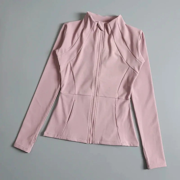 MunaWear  Yoga Apparel  Mia – High-Elastic Loose-Fit Long Sleeve Yoga Top for Women with Stand-Up Collar  Pink-M