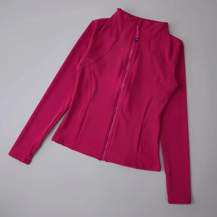 MunaWear  Yoga Apparel  Mia – High-Elastic Loose-Fit Long Sleeve Yoga Top for Women with Stand-Up Collar  Rose-red-Upgrades-S