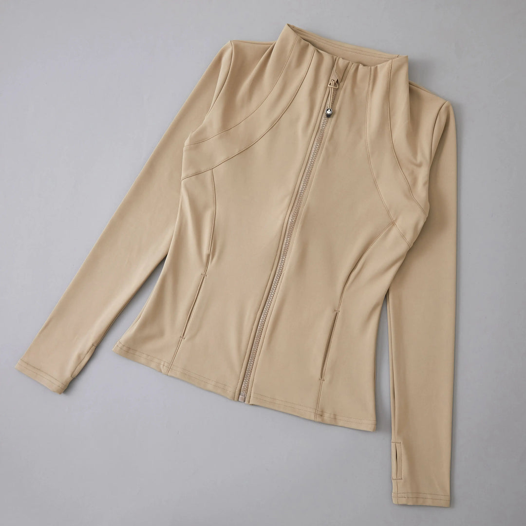 MunaWear  Yoga Apparel  Mia – High-Elastic Loose-Fit Long Sleeve Yoga Top for Women with Stand-Up Collar  khaki-Upgrades-S