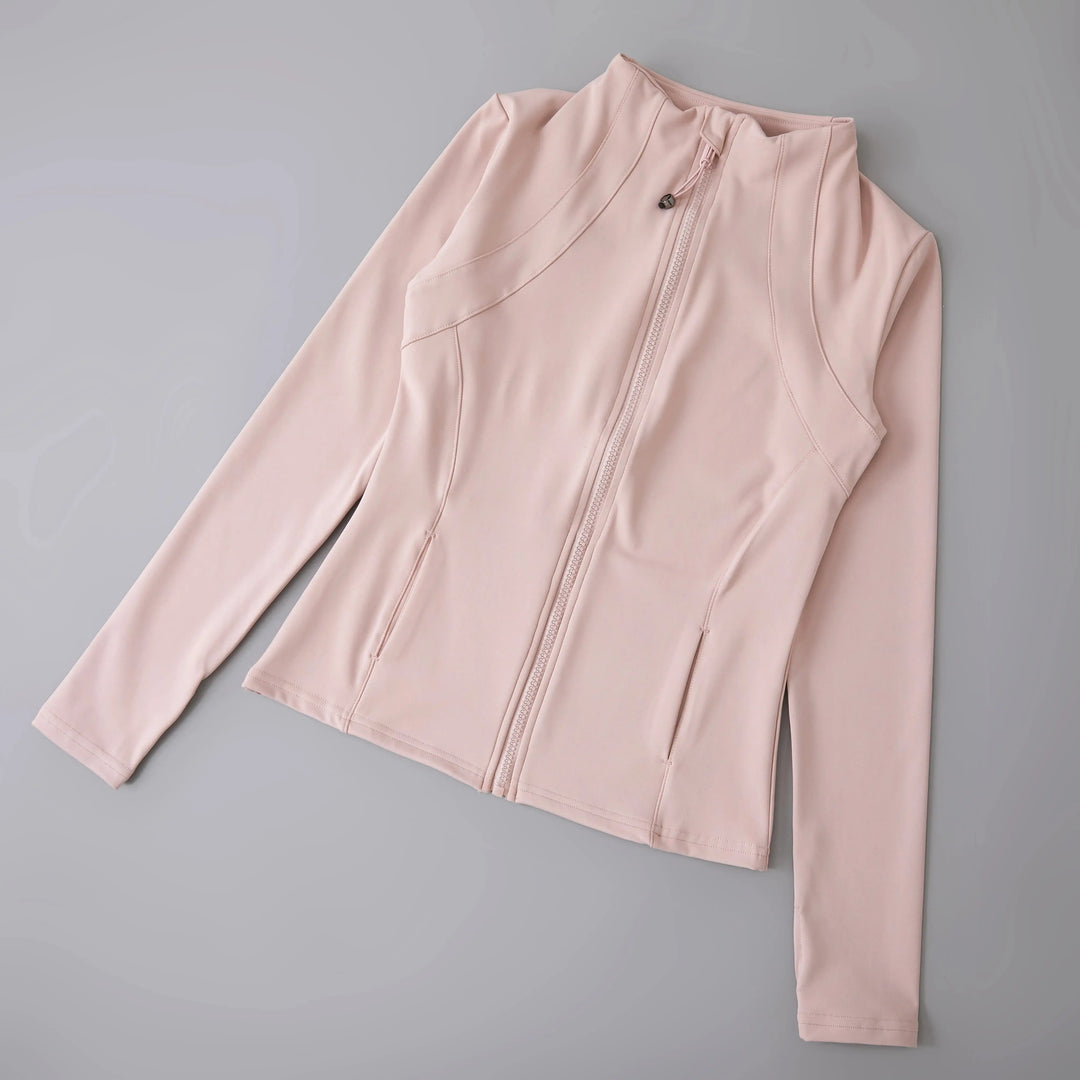MunaWear  Yoga Apparel  Mia – High-Elastic Loose-Fit Long Sleeve Yoga Top for Women with Stand-Up Collar  pink-Upgrades-L
