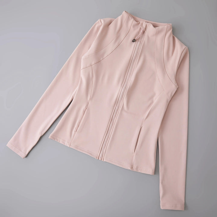 MunaWear  Yoga Apparel  Mia – High-Elastic Loose-Fit Long Sleeve Yoga Top for Women with Stand-Up Collar  pink-Upgrades-L